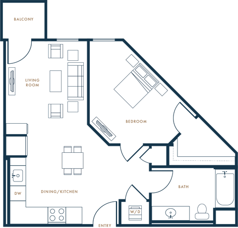 Floor plan for 1 bed, 1 bath, 677 sqft